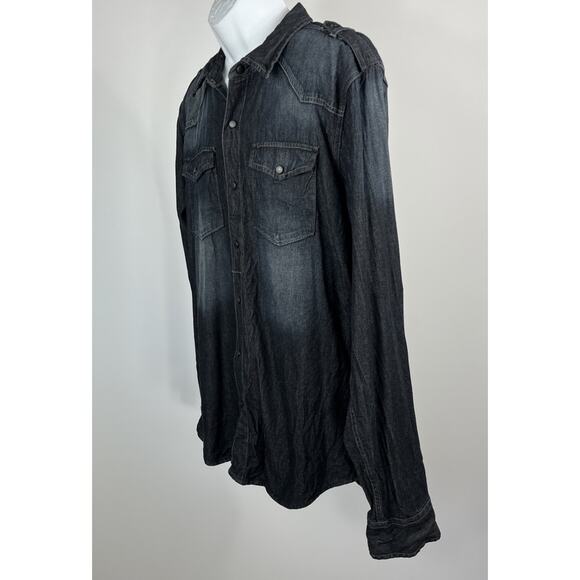 Men's Carbon Classic Fit Demin Long Sleeve Snap Up Dark Blue Size XL Shirt - Picture 3 of 7